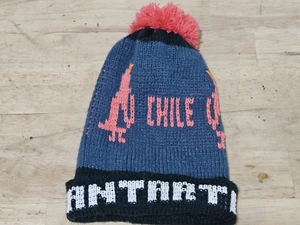 Vintage Antartica Rare Chile Winter Hat Pom Pom Beanie Blue and Black - Picture 1 of 11