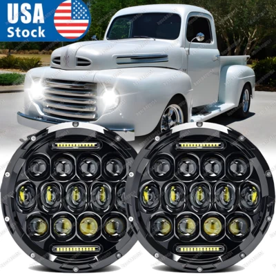 DOT For Ford F1 1948 1949 1950 1951 1952 Pair 7" Inch Round LED Headlights Black - Image 1 of 4