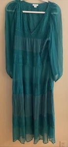 Sundance Maxi Chiffon Dress Long Sleeve Teal Eyelet Women’s Size Small  - Picture 1 of 9