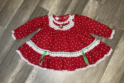 Vestido de Natal vintage anos 80 anos 90 bebê menina vermelho verde fita renda 18M - Imagem 1 de 4