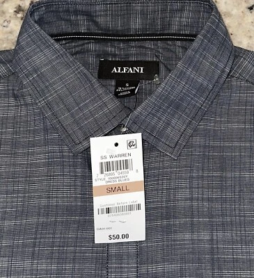 Мужская серая матовая клетчатая рубашка ALFANI с коротким рукавом на пуговицах спереди размер S новая с ценниками - Изображение 1 из 3