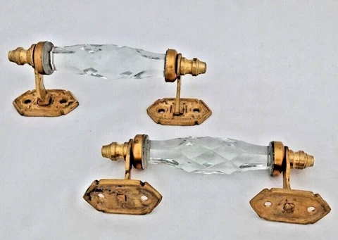 2 Pcs Vintage  Brass  Victorian Clear Cut Glass  Pull Push Door Drawer Handle 01 Cover