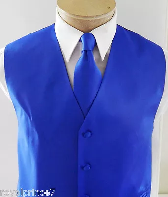 ROYAL BLUE MEN'S Solid Tuxedo Vest Waistcoat and Neck tie Prom Wedding Party 10I - Image 1 of 4