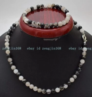 Impresionante Juego de Pulsera Collar Cuentas Gemas Redondas Rutiladas Cuarzo Negro 6/8/10mm Foto 1 de 4