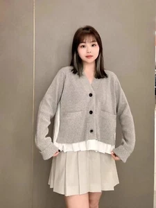Sacai Japanese New Pleated Cardigan Shirt Stitching Long-Sleeved Knit Top Women - Picture 1 of 10