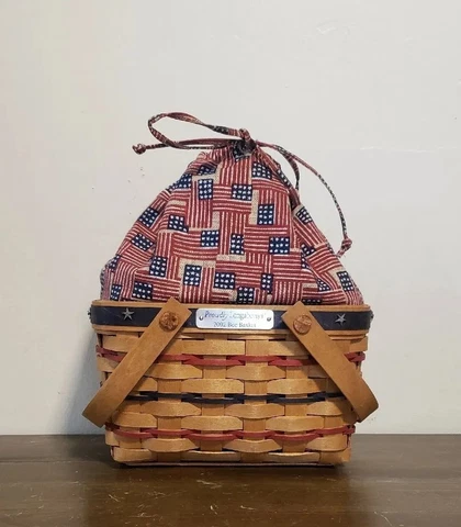 Longaberger 2002 Bee Basket Blue Stars Flags Patriotic Fabric Drawstring Liner Cover