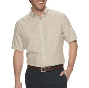 Croft & Barrow Shirt Short Sleeve Easy-Care Button-Down Linen-Blend Nolan Beige - Picture 1 of 2