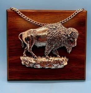 Vintage Copper Tone & Wood 3D Buffalo Bison Wall Hanging Plaque W/ Chain - Picture 1 of 8
