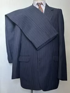Men’s 1970s Two Piece Navy Blue Striped Suit Vintage European Wool Blend 42 L - Picture 1 of 12