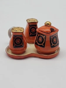Vtg Art Deco Noritake Condiment Set Salt Pepper Geometric Motif Orange Black - Picture 1 of 9