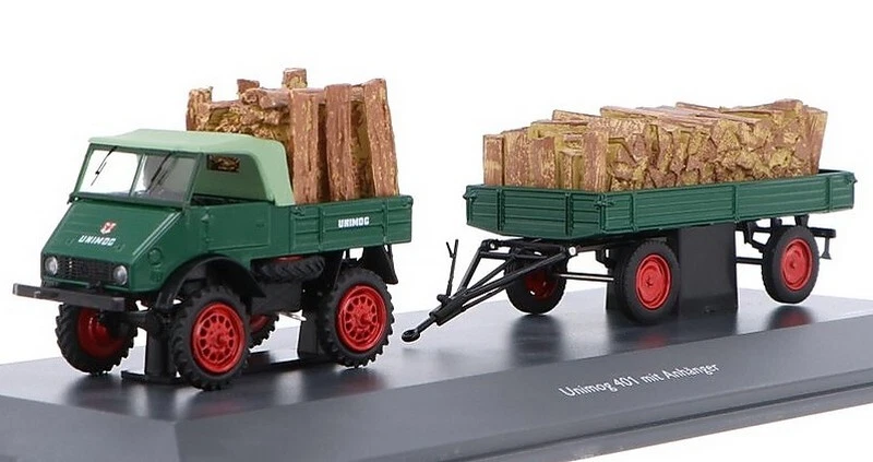 Mercedes Unimog 401 wood transport with trailer 1:43 SCHUCO 450313300 - Immagine 1 di 1