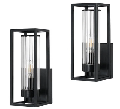 2Pk 1 Light Lantern Cage Metal Twisted Glass Wall Sconce Lighting Black Finish - Image 1 of 4