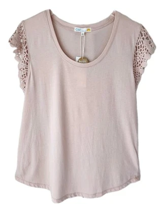 C&C California Top L Blush Prink Crochet Cap Sleeve Round Neck Cotton Blouse New - Image 1 of 4