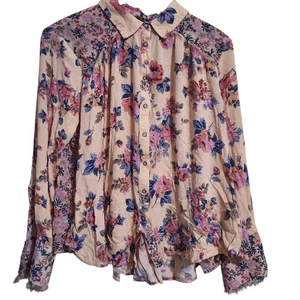 Free People Top Size Large Hold On To Me Coral Floral Printed Button Up Blouse - Picture 1 of 12