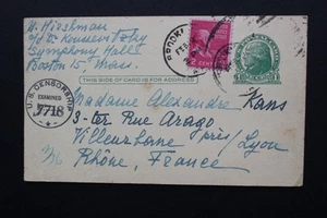 1939? WWII STATIONARY US CENSORED POSTAL CARD TO LYON FRANCE POSTAL HISTORY - Picture 1 of 2