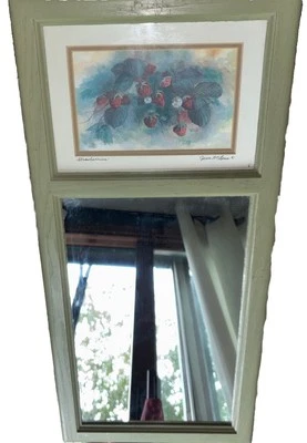 Vtg 80's Country Green Mirror & Matted Water Color  ‘Strawberries’ Jean McLean - Image 1 of 4