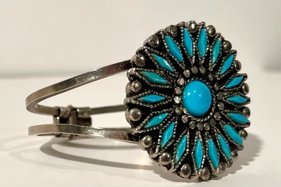 Brazalete Vintage Turquesa Suroeste Sunburst Tono Plata Declaración Boho Foto 1 de 4