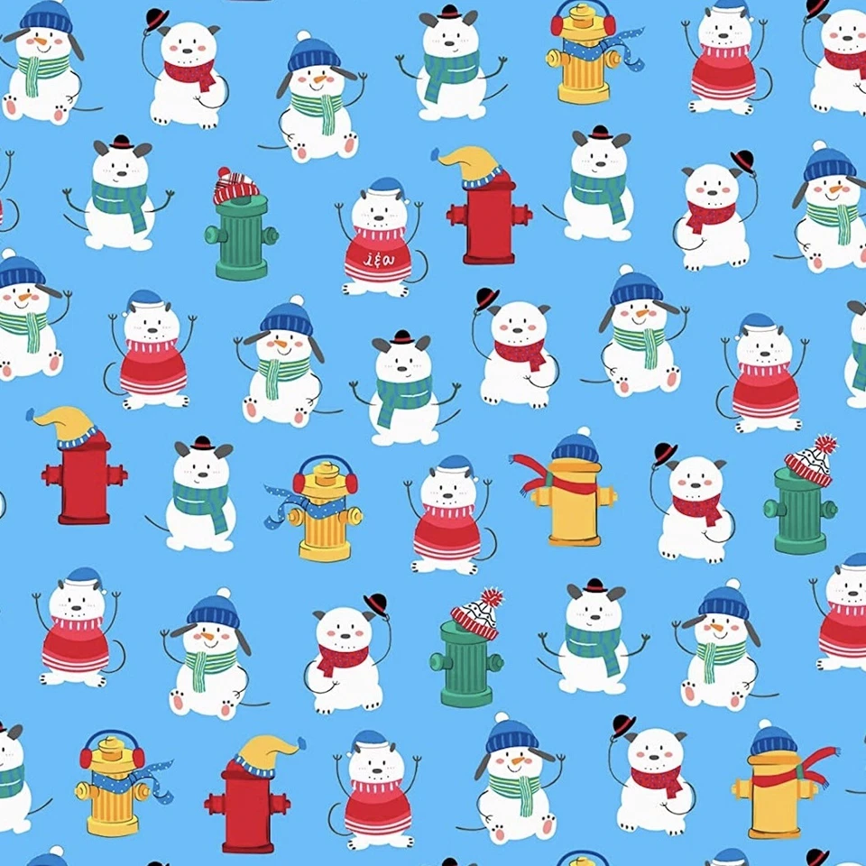 Chilly Dogs Winter Dogs & Fire Hydrants Blue 100% Cotton Fabric by The Yard - Image 1 of 1