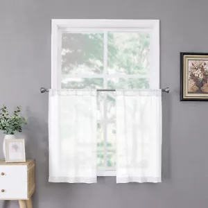 Short Sheer Tier Curtains Linen Textured Half Kitchen Curtain Sheers Light Filte - Picture 1 of 7