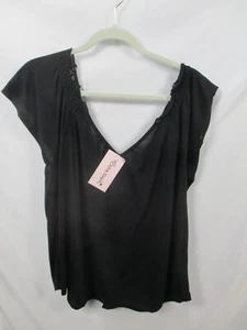 Extra Touch Womens Shirt 2X Black Deep V Neck Short Sleeve Solid Polyester Blend - Picture 1 of 10