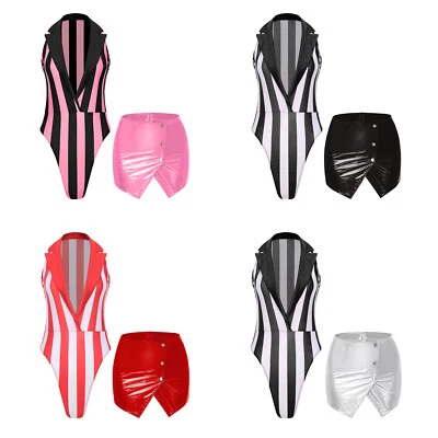 Body a rayas y minifalda brillante para mujer 2 piezas ropa de club nocturno cuello en V profundo calce ajustado Foto 1 de 3