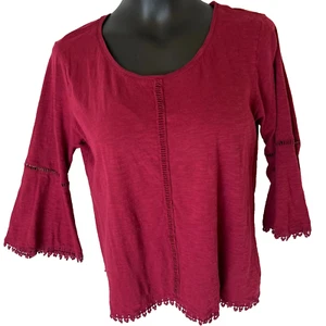 Style & Co Women's PM Blouse Dark Burgundy Moroccan Crochet Hem 3/4 Bell Sleeve - Picture 1 of 10