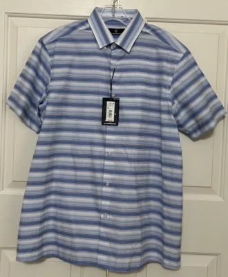 NUEVO CON ETIQUETAS Hart Schaffner Marx L Azul Blanco Rayas Manga Corta Camisa Abotonada Para Hombre Foto 1 de 4