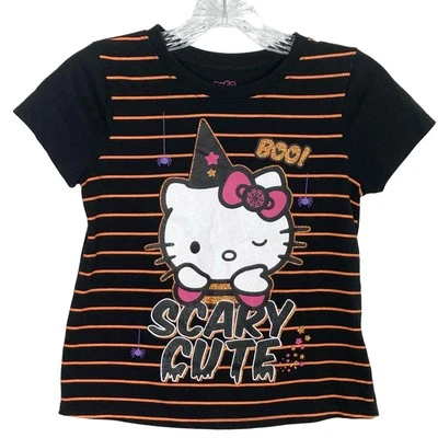 NWOT HELLO KITTY SANRIO Tshirt Girls 12 Graphic Glitter Halloween Spiders Web - Image 1 of 4