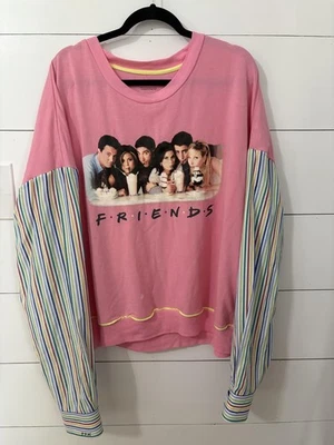 Camisa Upcycled Friends Para Mujer 3X Rosa Manga Larga Rayas Gráfico Talla Grande Fundida Foto 1 de 4