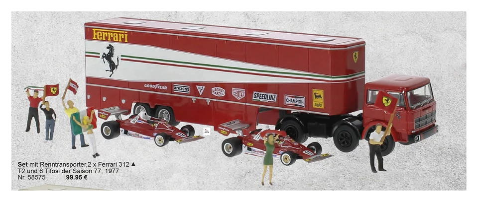 Brekina 1/87 HO Fiat Transporter “Ferrari” con 2 Ferrari 312T2 / 6 figuras 58575 Foto 1 de 1