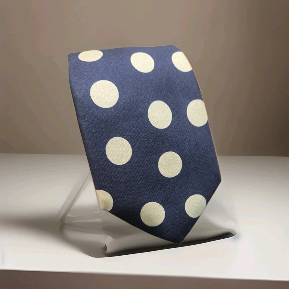Corbata de seda Perry Ellis Portfolio azul marino marfil lunares tela italiana clásica Foto 1 de 4