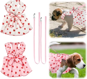 2-Pack Girl Dog Dresses – Strawberry Print w/ Bow, Cotton Pet Dress (Size S) - Picture 1 of 12