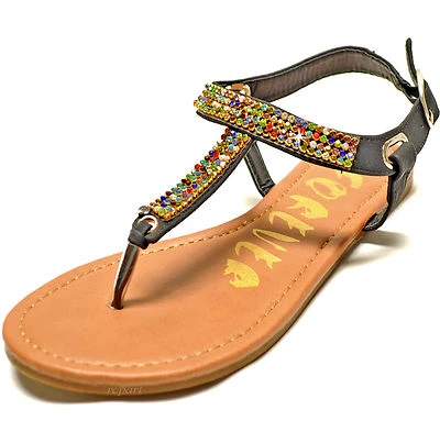 Nuevo Mujer Zapatos Punta Abierta Sandalias T Correa Informal Fiesta Color Estrás Negro Foto 1 de 4