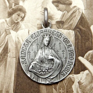 Heilige Elisabeth. Medaille von Tricard. Französischer antiker religiöser Silberanhänger. - Bild 1 von 5
