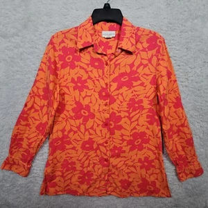 Jaclyn Smith Shirt Womens Small Orange Red Floral Linen Blend Button Up Bright - Picture 1 of 8