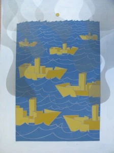 Francesco CASORATI, Tempera su cartoncino, 1987 cm. 70x50 "Le navi gialle" - Foto 1 di 6
