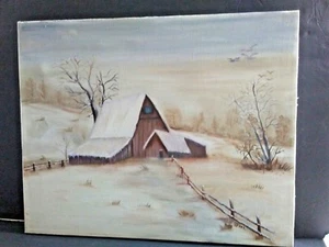 Gehöft Landschaft Szene Leinwand Wandbild Haus Winter Schnee Haus Vögel 20x16" - Bild 1 von 8