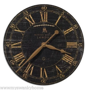 London Round Brass European Wall Clock | Black Crackled Face - Picture 1 of 1