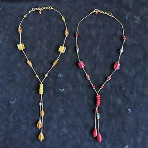 2 Pc Glass & Wire Vintage Look Necklace Red Yellow Antiqued Gold Tone Retro Boho - Picture 1 of 9