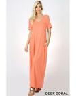Keeping It Comfy Short Sleeve V-Neck Maxi T-Shirt Dress With Pockets In Coral