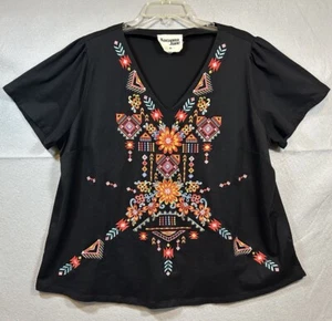 Savanna Jane Embroidered Top Sz 2XL Boho Floral Aztec V-Neck Short Sleeve Black - Picture 1 of 10