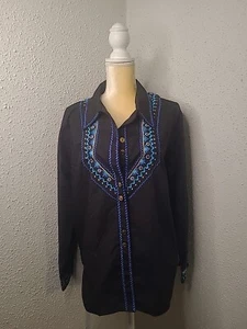 Bob Mackie Wearable Art Button Up Shirt Size L Black Blue Embroidered Western - Picture 1 of 8