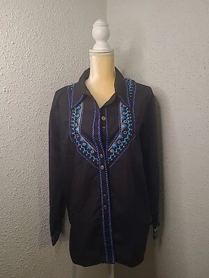 Camisa Bob Mackie Usable Arte Abotonada Talla L Negra Azul Bordada Western Foto 1 de 4