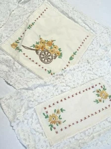 Vintage Antique Set 3 Handmade Cloths Lace Doilies Primitive Country Embroidered - Picture 1 of 6