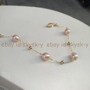 6-11mm Real Natural Pink Freshwater Rice Pearl Gold Chain Bracelet 7.5-8 inch - Picture 1 of 9