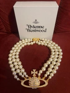 Vivienne Westwood Orb Triplets Long Pearl Necklace Gold White Choker New 2411M - Picture 1 of 7