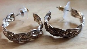 Half Hoop Earrings Silver Plated Braided Detail & Goldtone Post - Picture 1 of 4