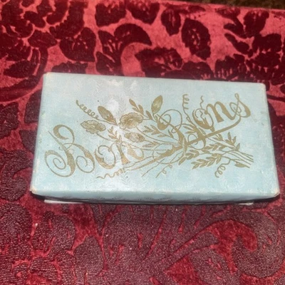 Antique Chocolate Bon Bons Cardboard Candy Box Small Baby Blue Gold Letters - Image 1 of 4