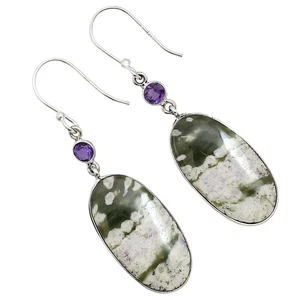 Natural Peace Jade & Amethyst 925 Sterling Silver Earrings Jewelry E-1002 - Picture 1 of 5