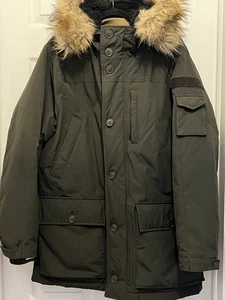 J.Crew Nordic Parka Hooded Coat Dark Olive Green Faux Fur PrimaLoft Men large - Picture 1 of 17